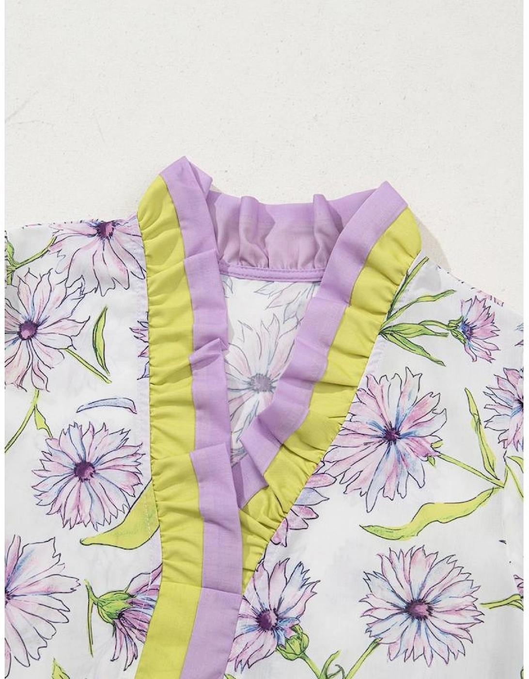 Purple Floral Print Striped Detail Split Neck Flounce Short Sleeve Peplum Blouse