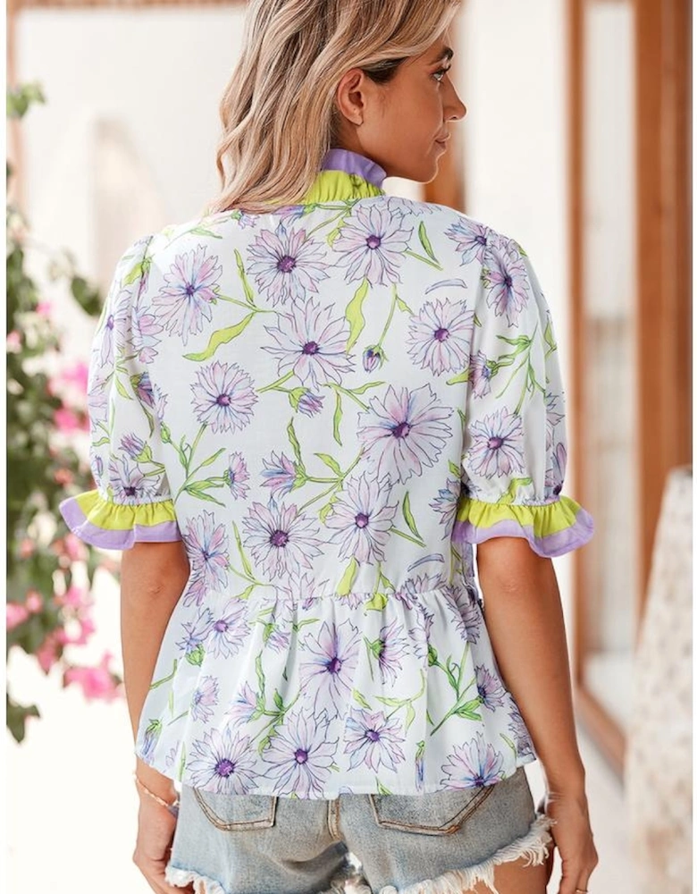 Purple Floral Print Striped Detail Split Neck Flounce Short Sleeve Peplum Blouse