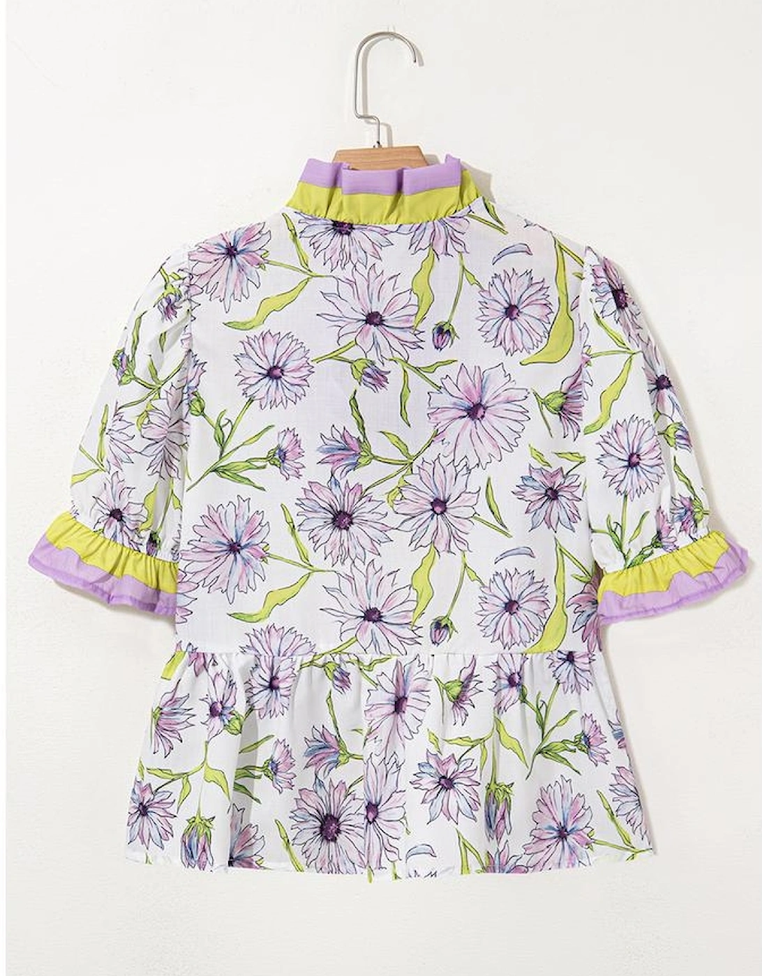 Purple Floral Print Striped Detail Split Neck Flounce Short Sleeve Peplum Blouse