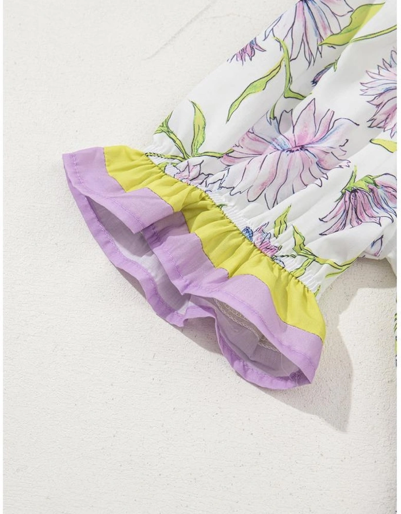 Purple Floral Print Striped Detail Split Neck Flounce Short Sleeve Peplum Blouse