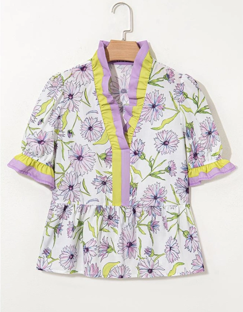 Purple Floral Print Striped Detail Split Neck Flounce Short Sleeve Peplum Blouse