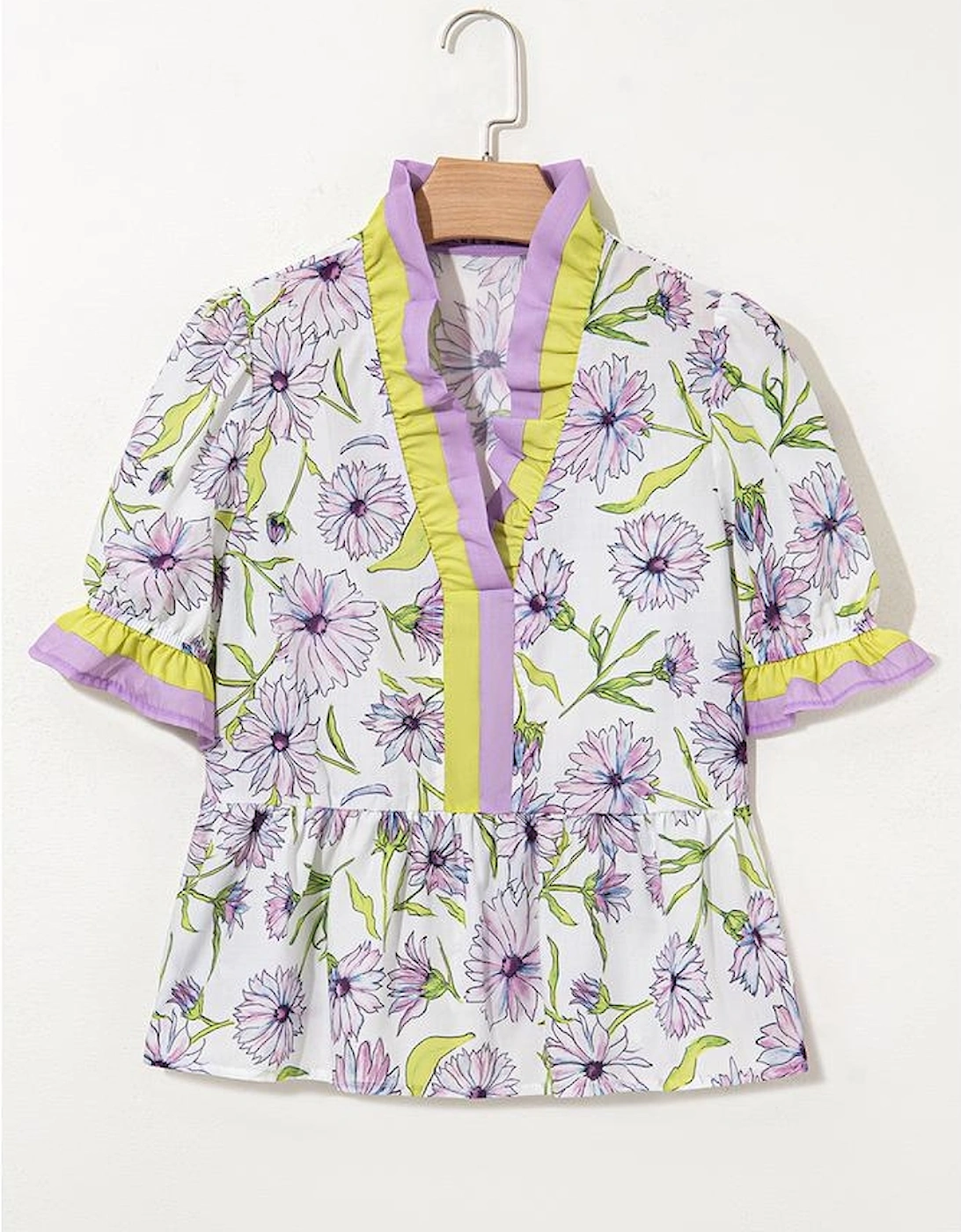 Purple Floral Print Striped Detail Split Neck Flounce Short Sleeve Peplum Blouse
