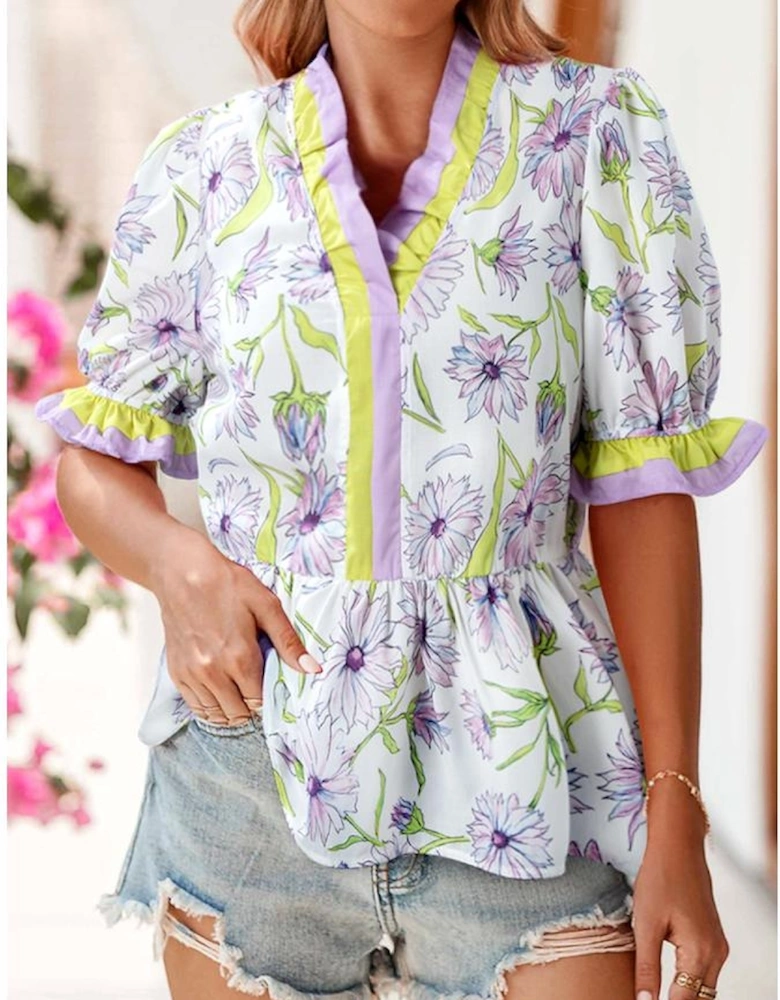 Purple Floral Print Striped Detail Split Neck Flounce Short Sleeve Peplum Blouse
