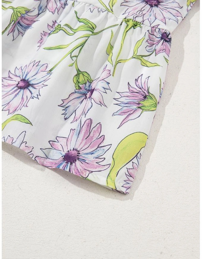 Purple Floral Print Striped Detail Split Neck Flounce Short Sleeve Peplum Blouse