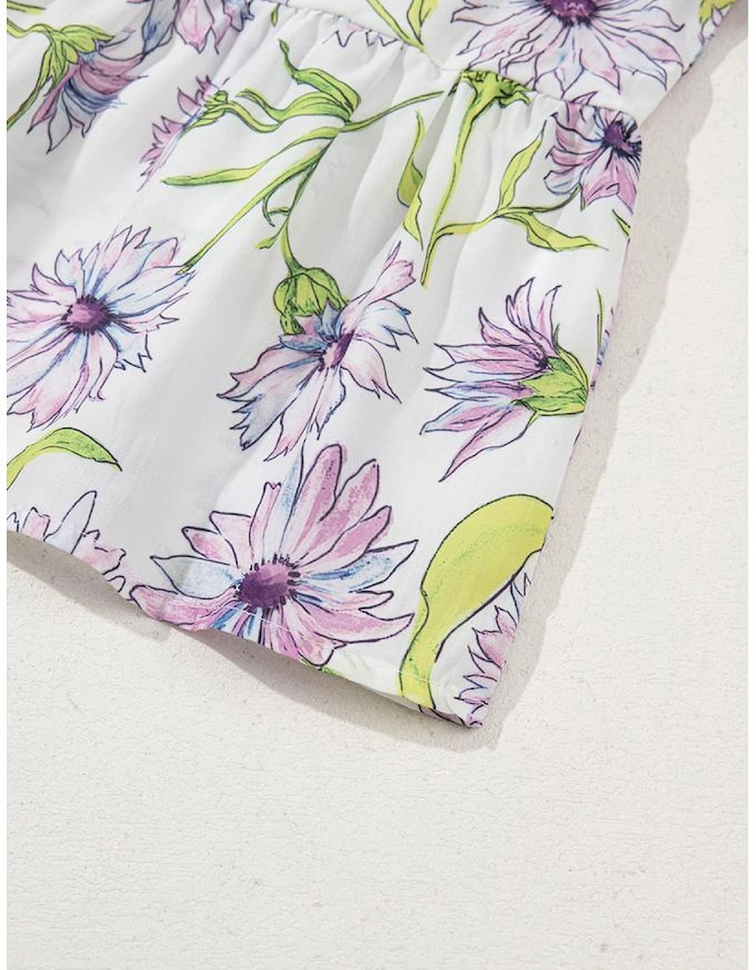 Purple Floral Print Striped Detail Split Neck Flounce Short Sleeve Peplum Blouse