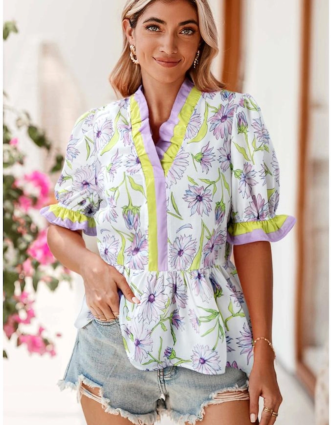 Purple Floral Print Striped Detail Split Neck Flounce Short Sleeve Peplum Blouse