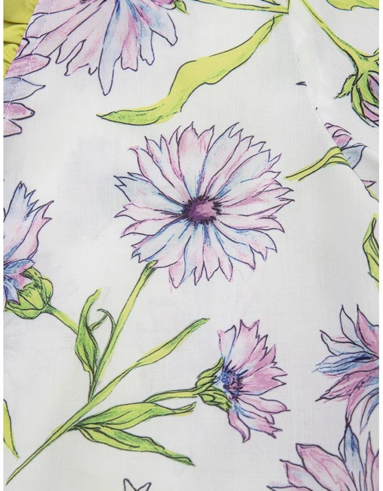 Purple Floral Print Striped Detail Split Neck Flounce Short Sleeve Peplum Blouse