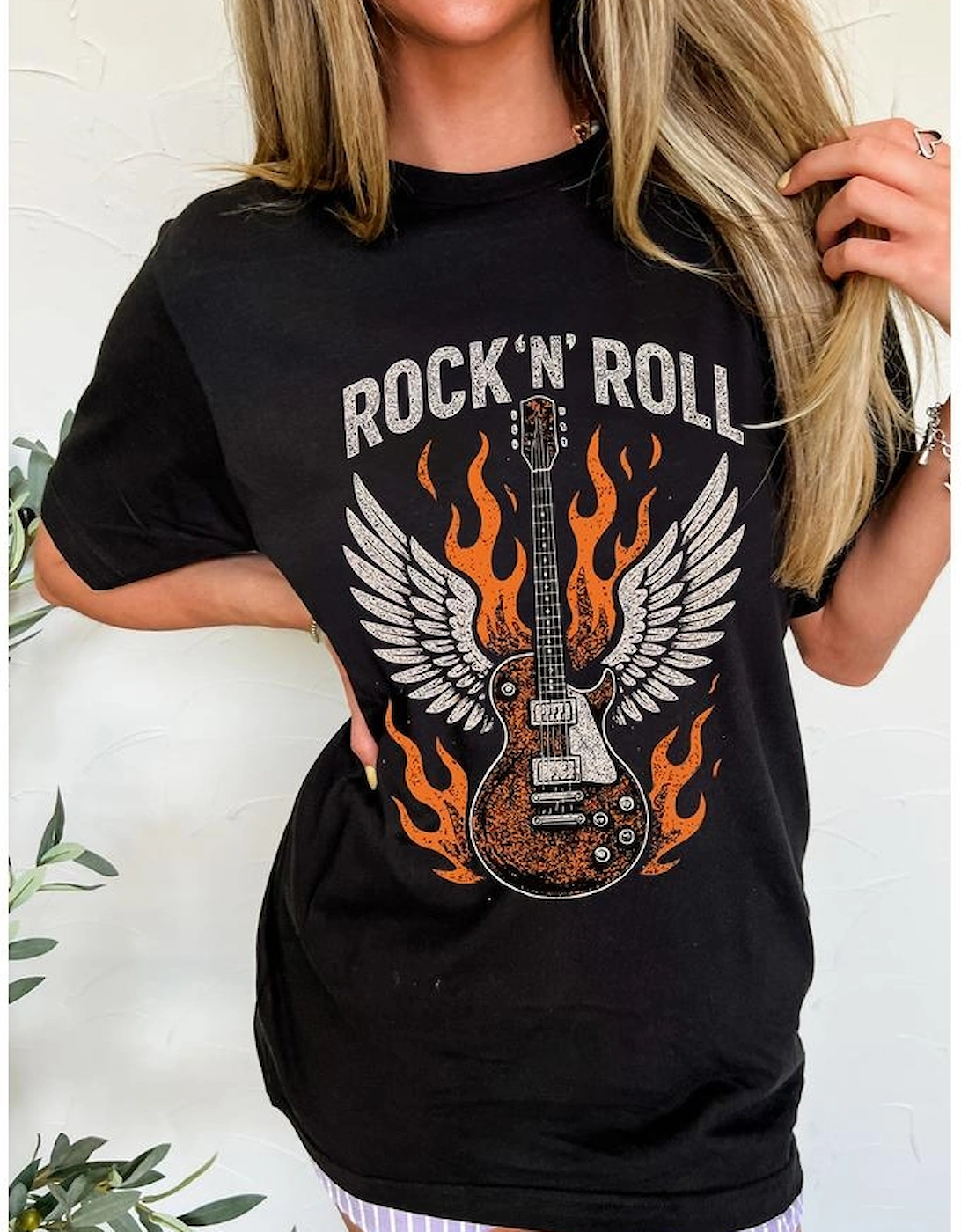 Black Guitar Wings Slogan Print Crew Neck T Shirt