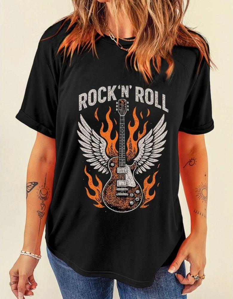 Black Guitar Wings Slogan Print Crew Neck T Shirt