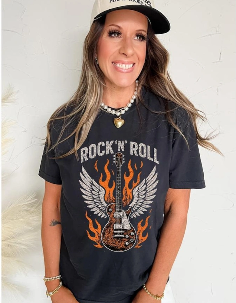 Black Guitar Wings Slogan Print Crew Neck T Shirt