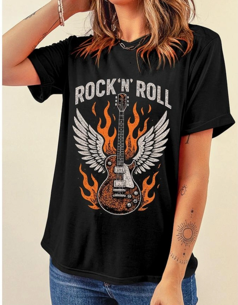 Black Guitar Wings Slogan Print Crew Neck T Shirt