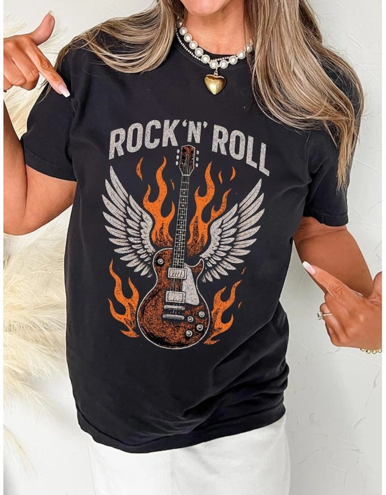 Black Guitar Wings Slogan Print Crew Neck T Shirt