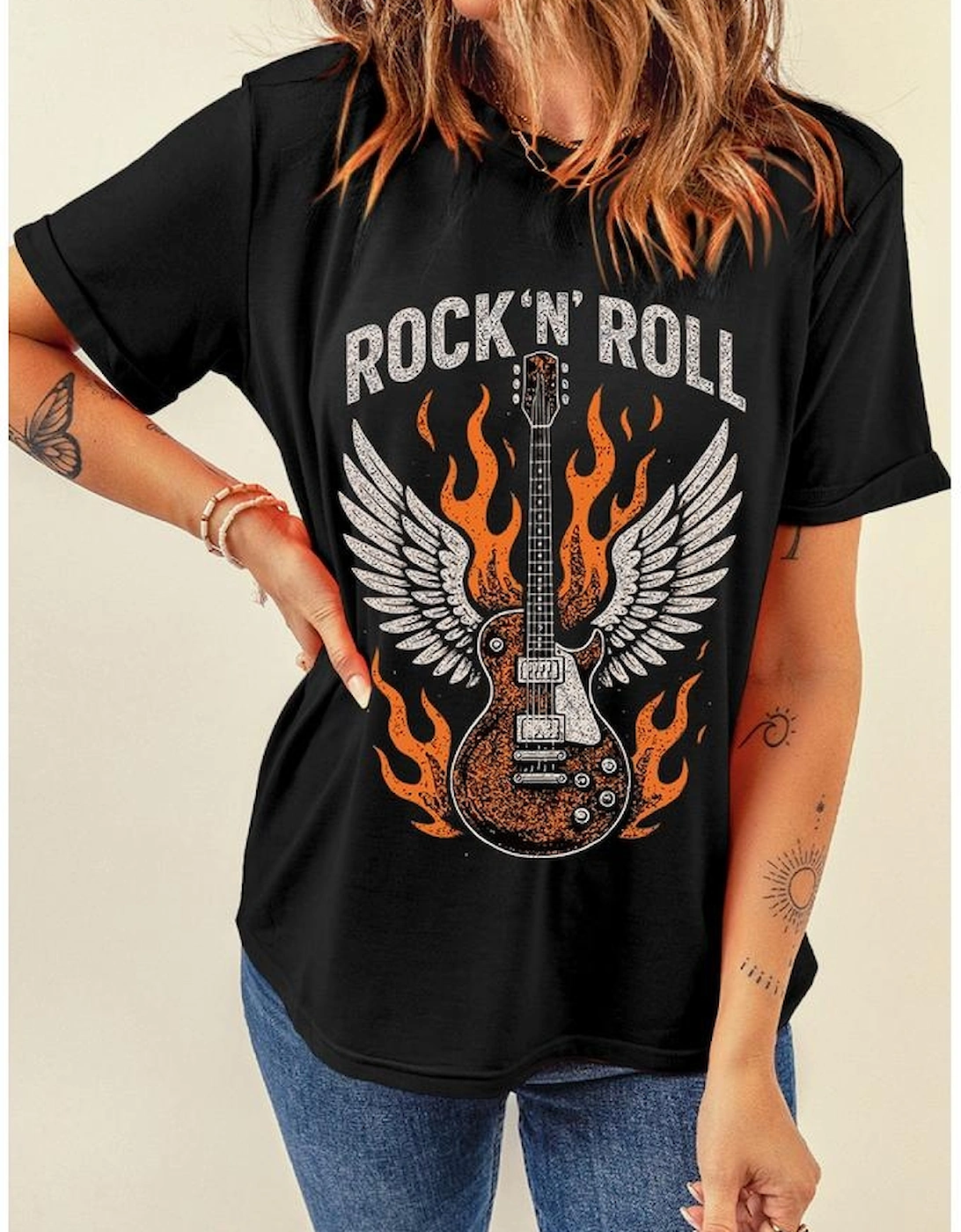 Black Guitar Wings Slogan Print Crew Neck T Shirt