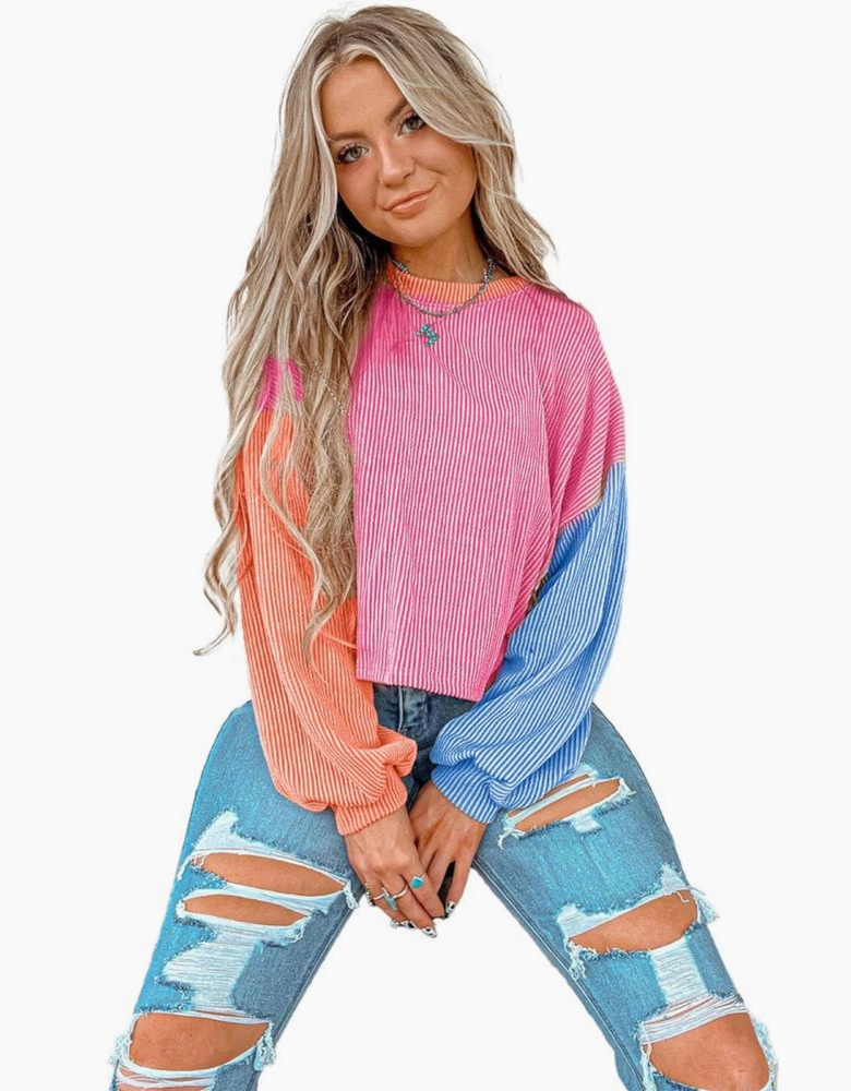 Rose Red Corded Colorblock Patchwork Drop Shoulder Long Sleeve Top