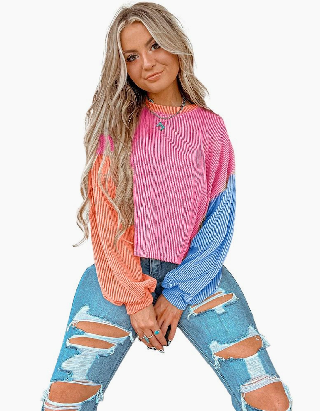 Rose Red Corded Colorblock Patchwork Drop Shoulder Long Sleeve Top