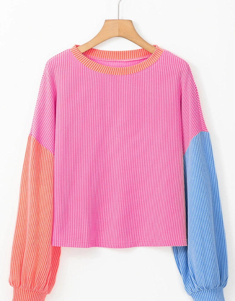 Rose Red Corded Colorblock Patchwork Drop Shoulder Long Sleeve Top