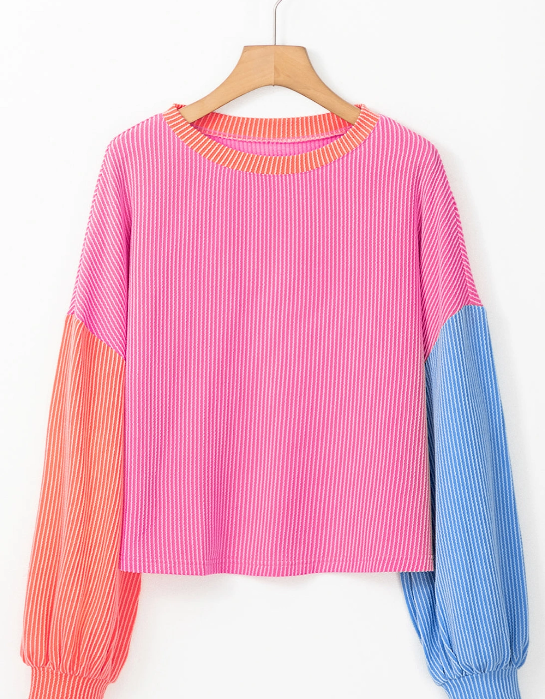 Rose Red Corded Colorblock Patchwork Drop Shoulder Long Sleeve Top