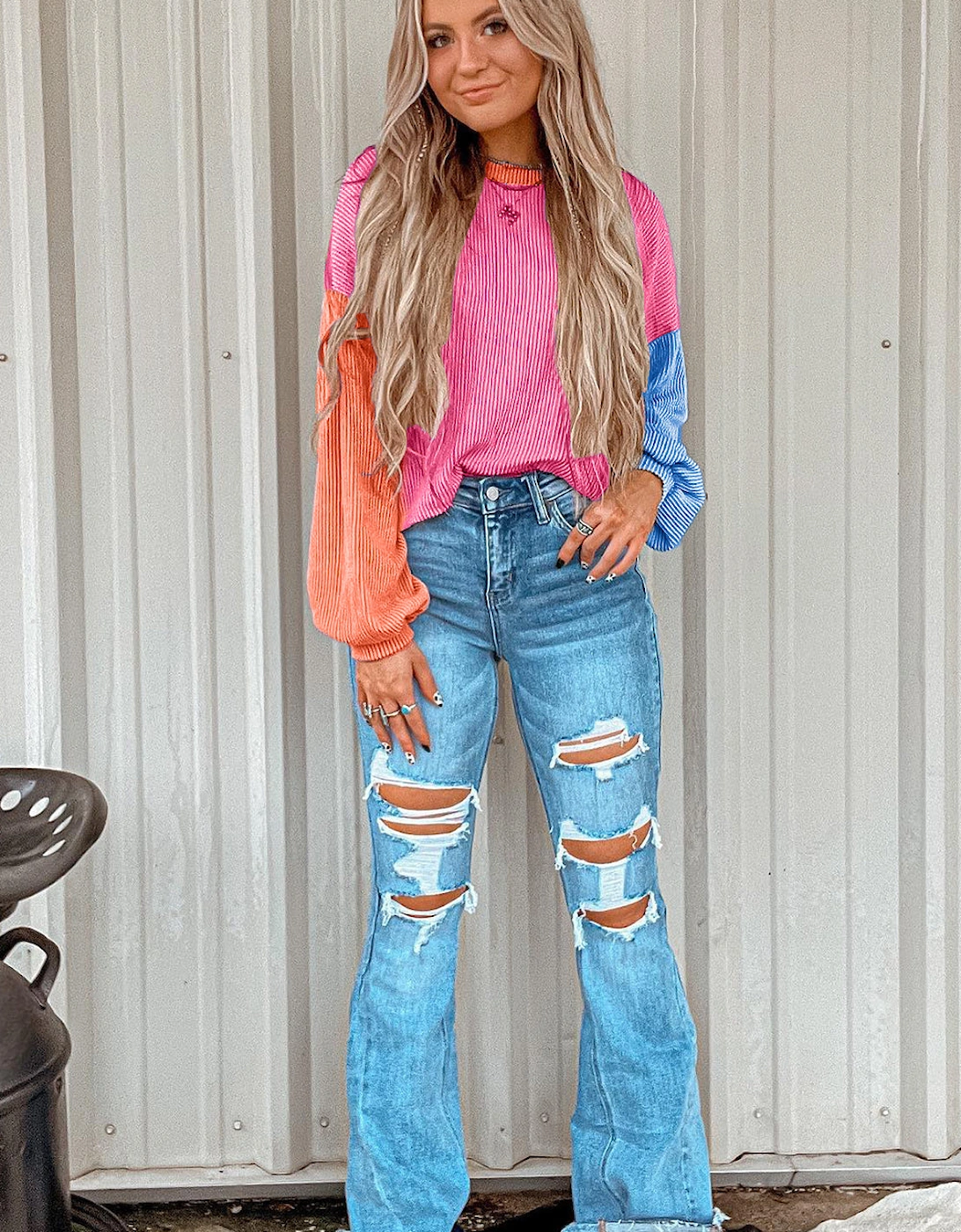 Rose Red Corded Colorblock Patchwork Drop Shoulder Long Sleeve Top