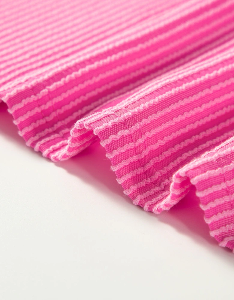 Rose Red Corded Colorblock Patchwork Drop Shoulder Long Sleeve Top