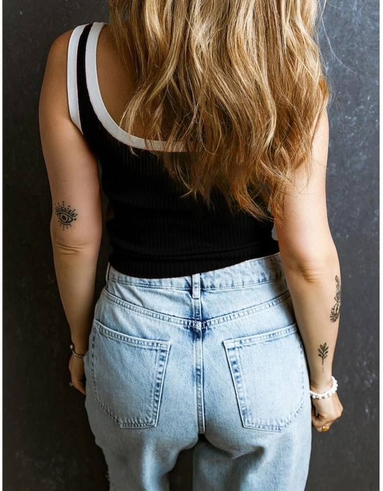 Black Colorblock Edge Ribbed Knit U Neck Tank Top