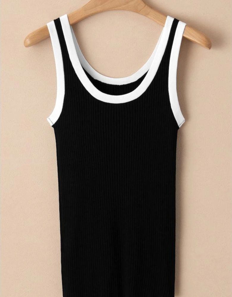 Black Colorblock Edge Ribbed Knit U Neck Tank Top