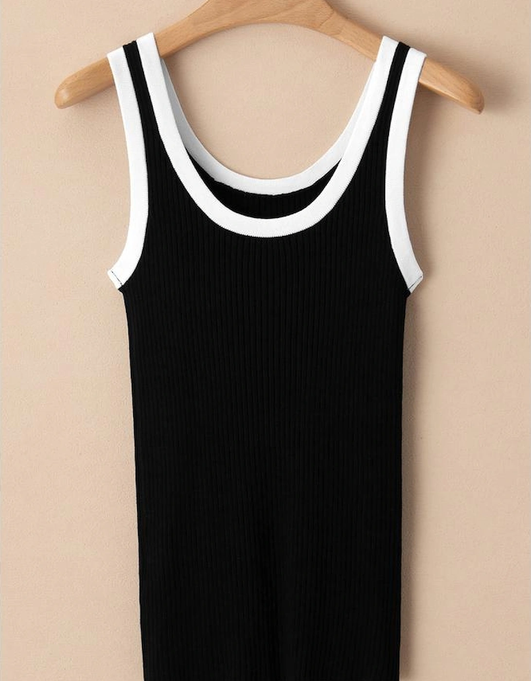 Black Colorblock Edge Ribbed Knit U Neck Tank Top, 9 of 8