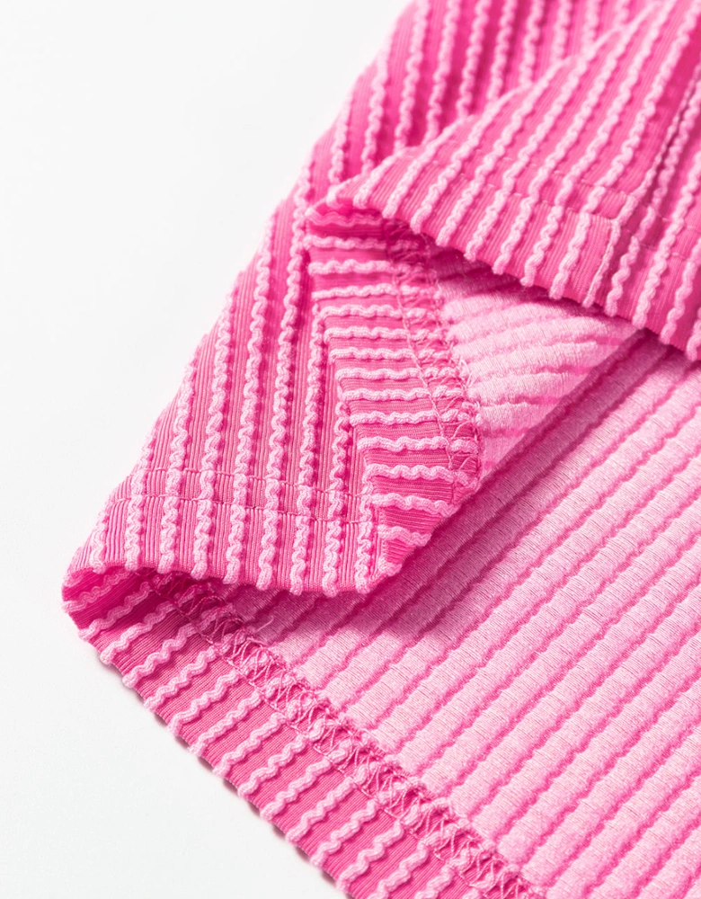 Rose Red Corded Colorblock Patchwork Drop Shoulder Long Sleeve Top