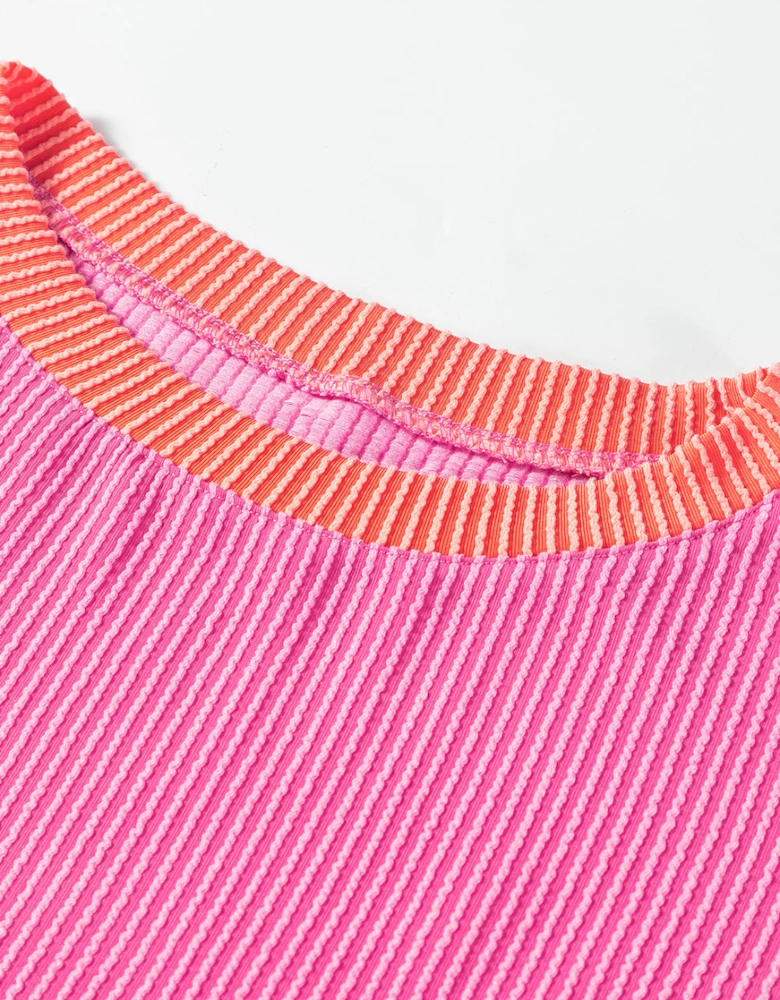 Rose Red Corded Colorblock Patchwork Drop Shoulder Long Sleeve Top