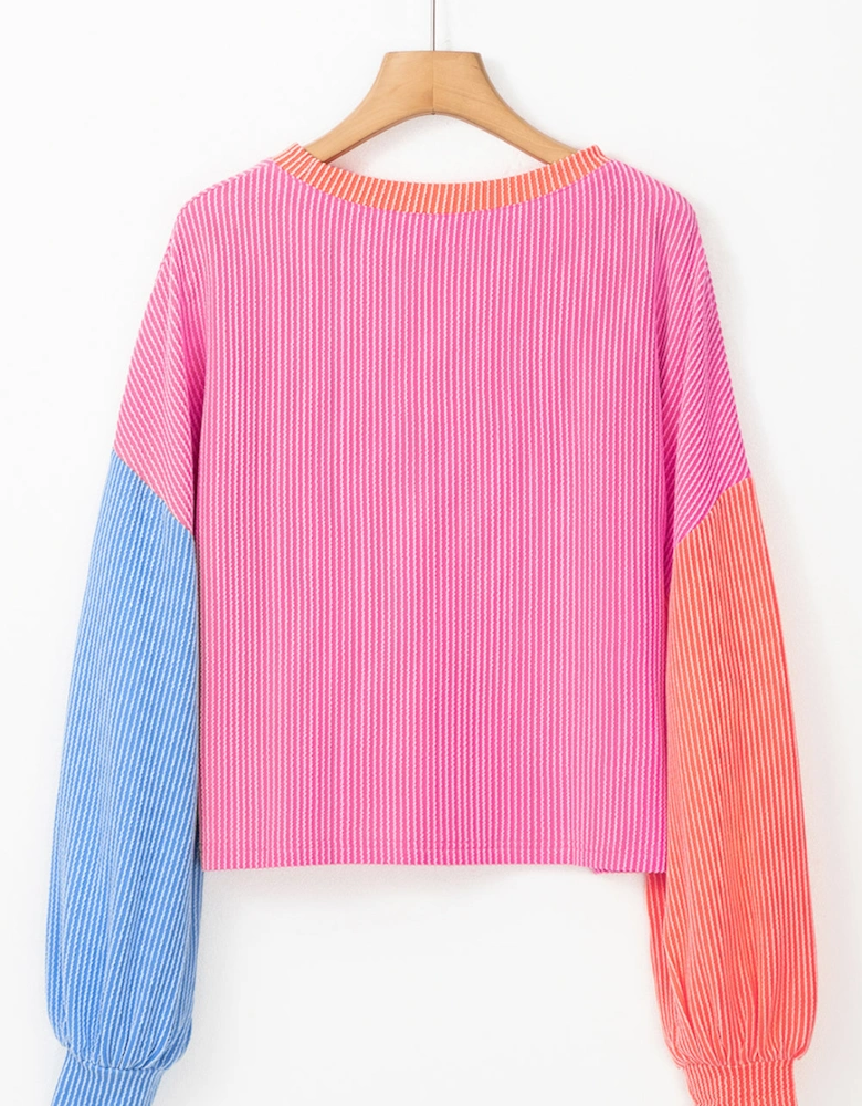 Rose Red Corded Colorblock Patchwork Drop Shoulder Long Sleeve Top