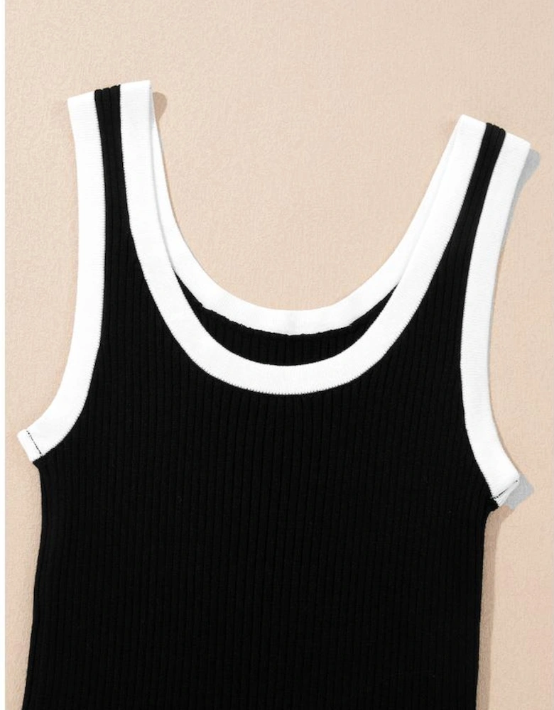 Black Colorblock Edge Ribbed Knit U Neck Tank Top