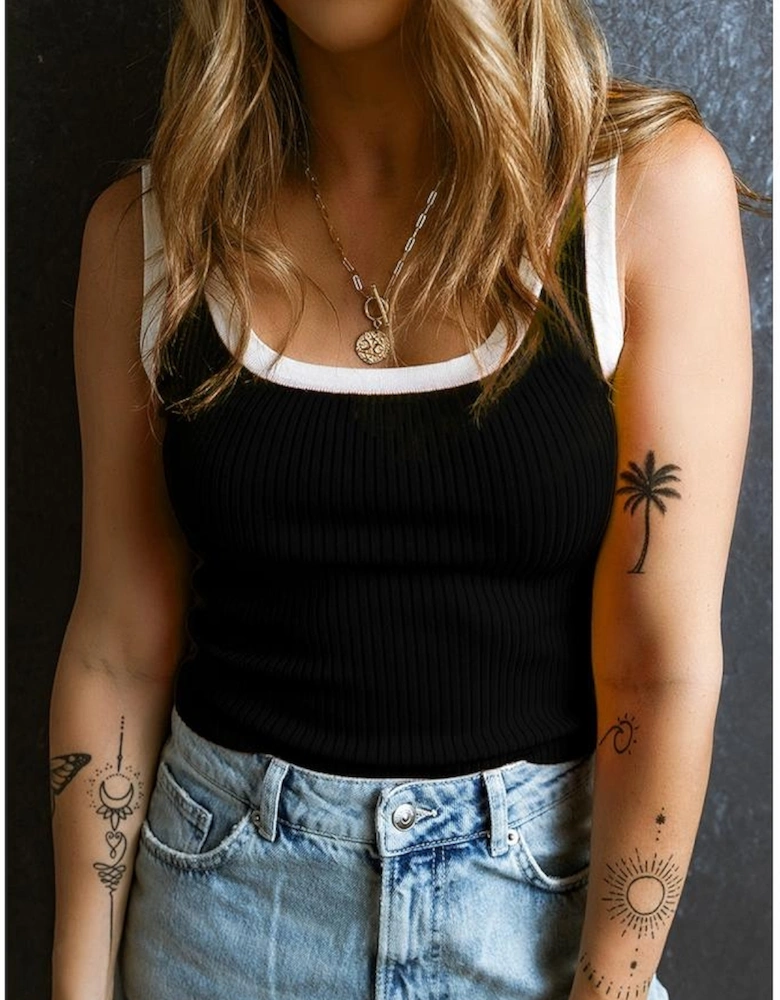 Black Colorblock Edge Ribbed Knit U Neck Tank Top