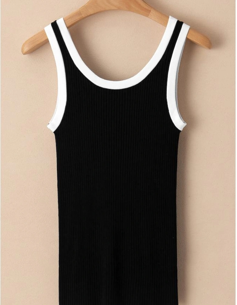 Black Colorblock Edge Ribbed Knit U Neck Tank Top