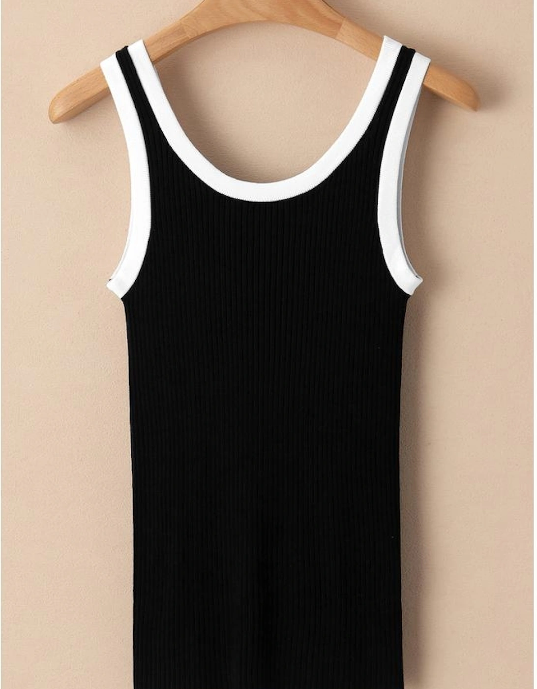 Black Colorblock Edge Ribbed Knit U Neck Tank Top