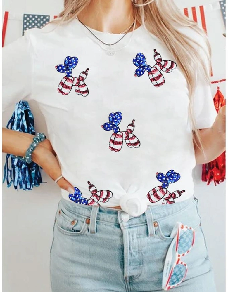 White Sequin Stars and Stripes Balloon Puppy Graphic Crewneck Tee