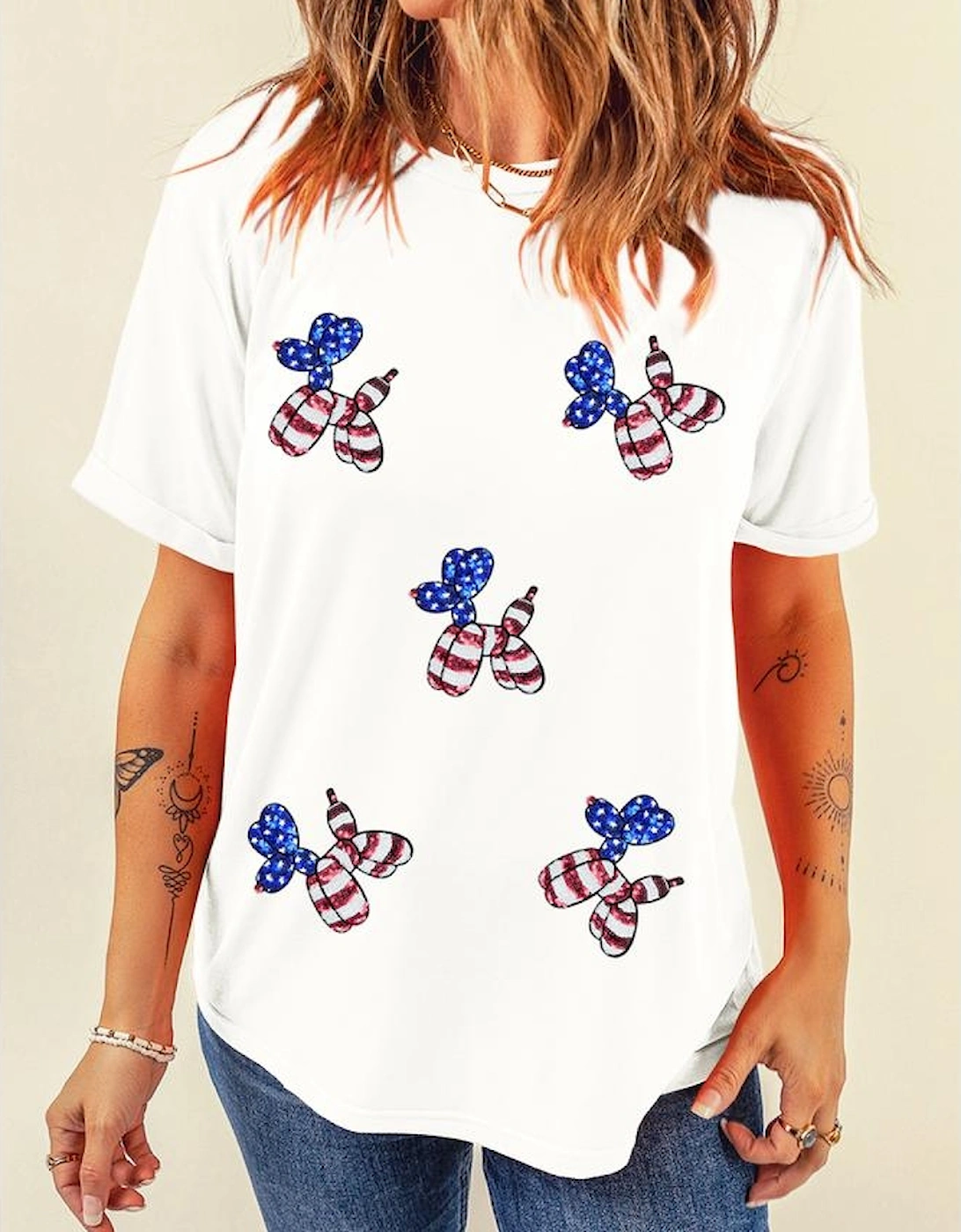 White Sequin Stars and Stripes Balloon Puppy Graphic Crewneck Tee