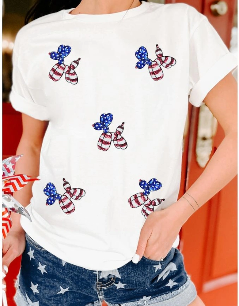 White Sequin Stars and Stripes Balloon Puppy Graphic Crewneck Tee