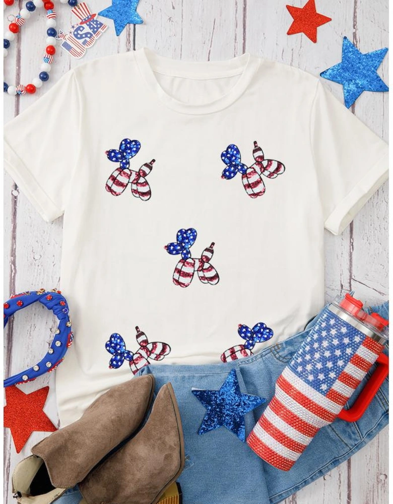 White Sequin Stars and Stripes Balloon Puppy Graphic Crewneck Tee