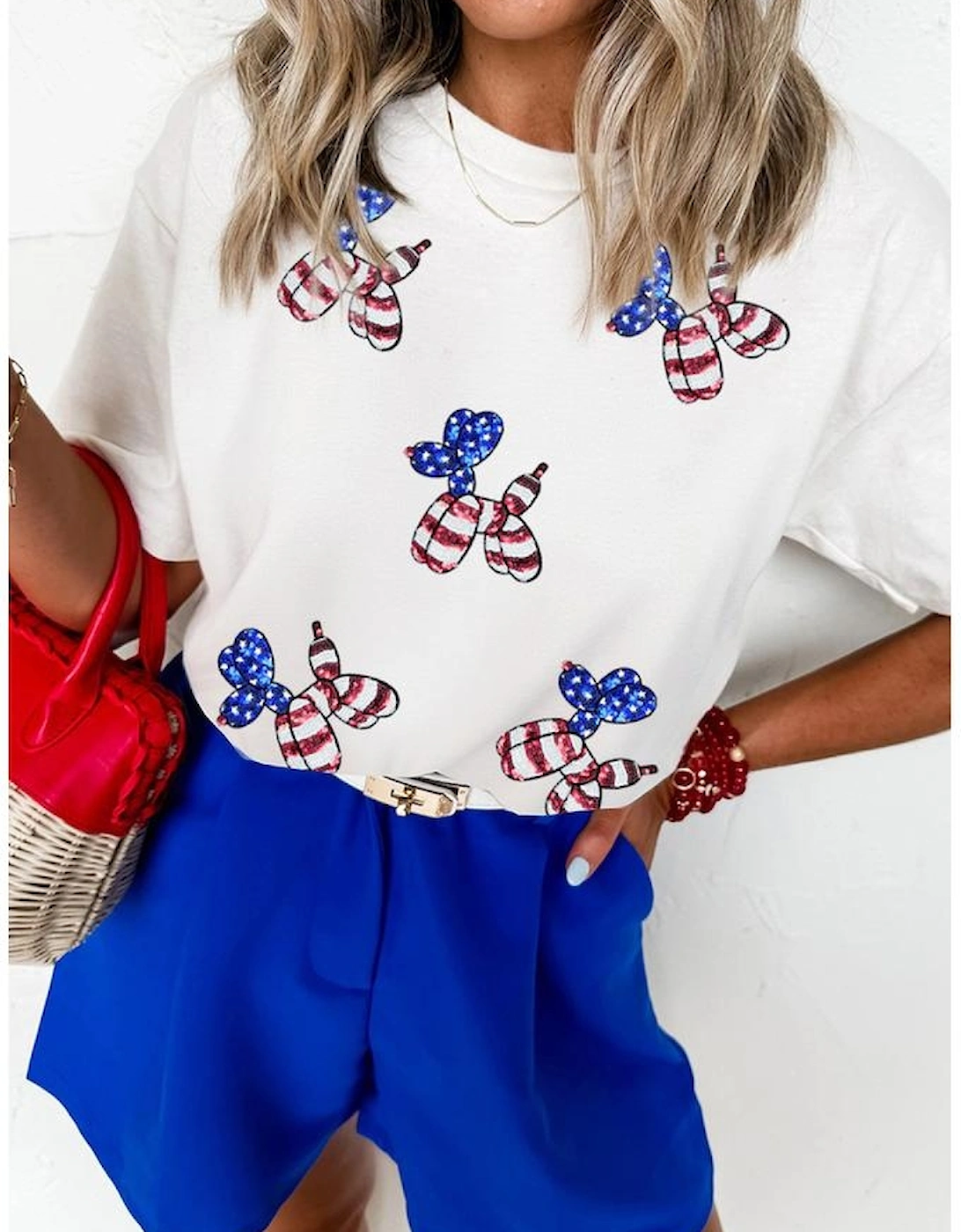 White Sequin Stars and Stripes Balloon Puppy Graphic Crewneck Tee