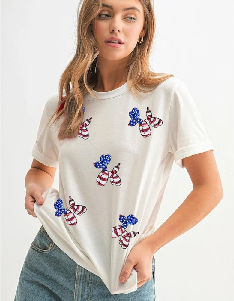 White Sequin Stars and Stripes Balloon Puppy Graphic Crewneck Tee