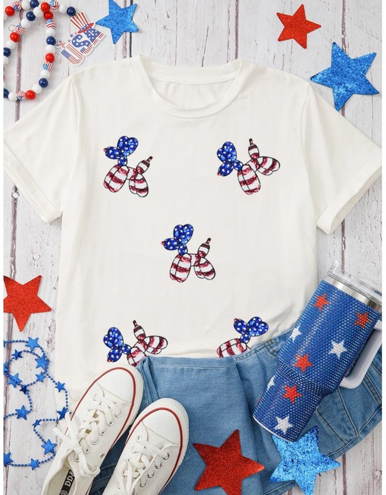 White Sequin Stars and Stripes Balloon Puppy Graphic Crewneck Tee