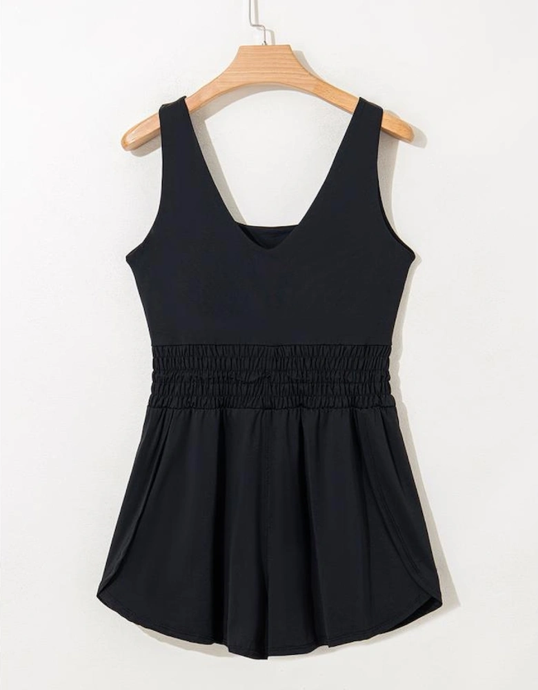Black Plain Sleeveless Loop Drawstring Cinched Waist Romper