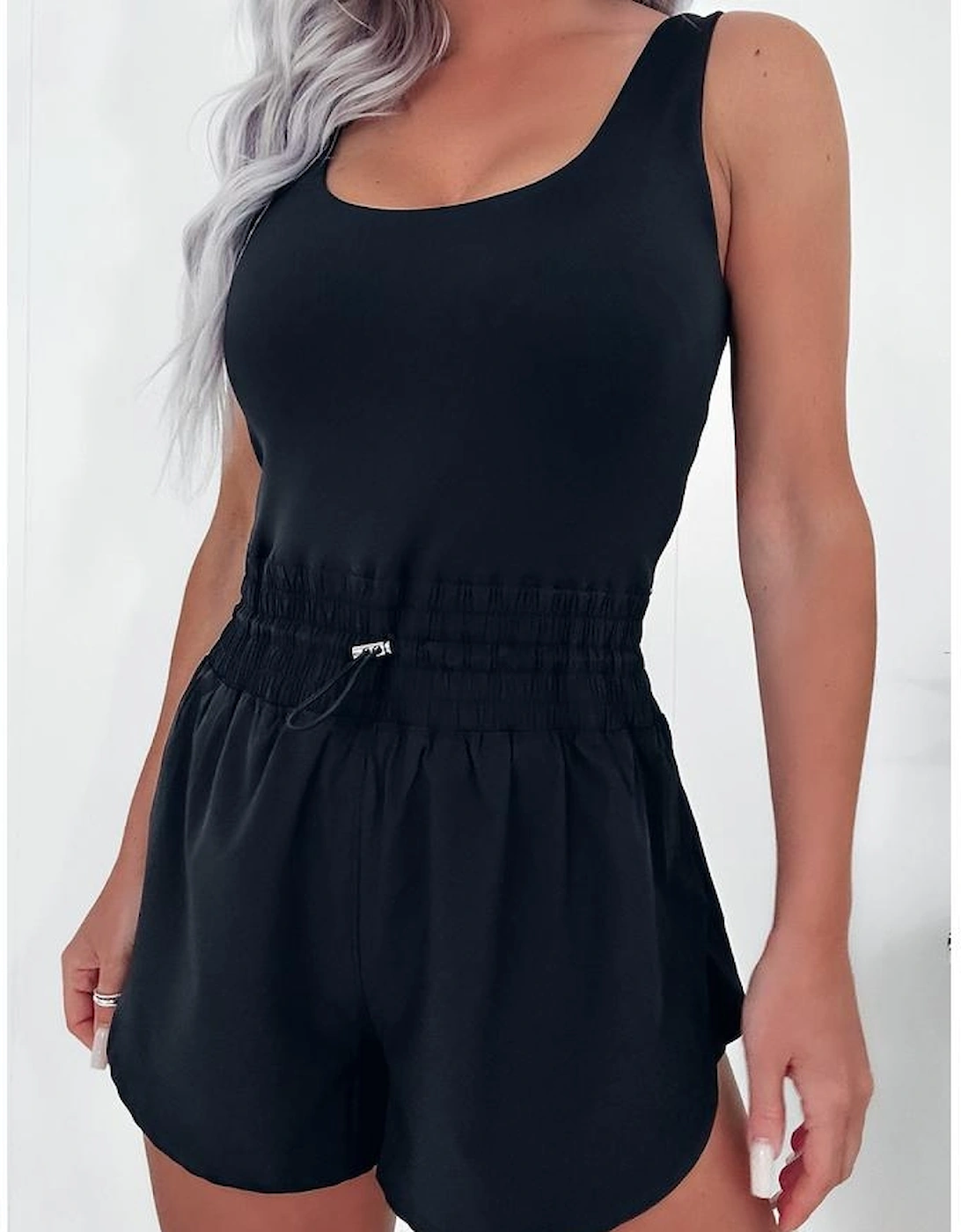 Black Plain Sleeveless Loop Drawstring Cinched Waist Romper, 12 of 11
