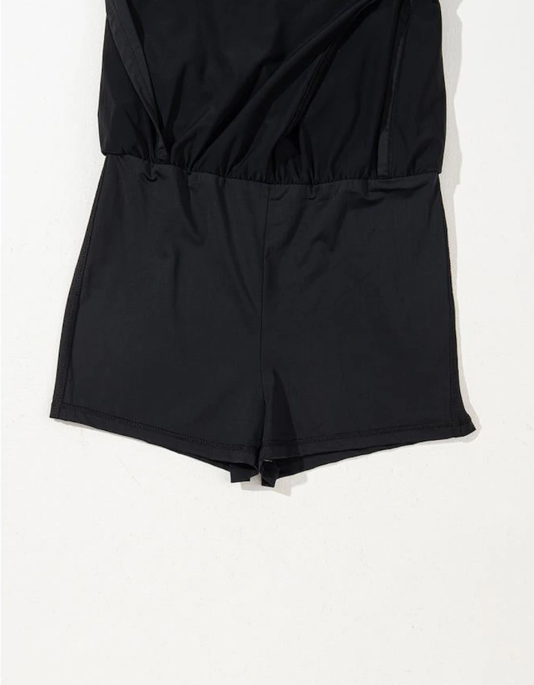 Black Plain Sleeveless Loop Drawstring Cinched Waist Romper