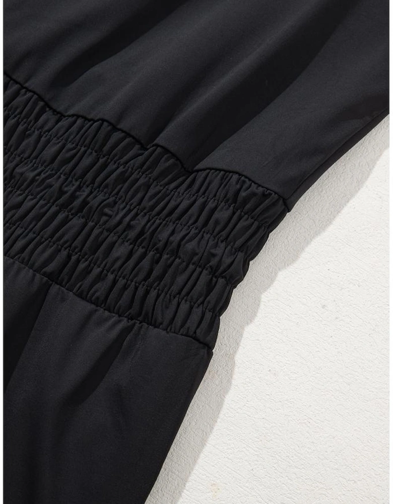 Black Plain Sleeveless Loop Drawstring Cinched Waist Romper