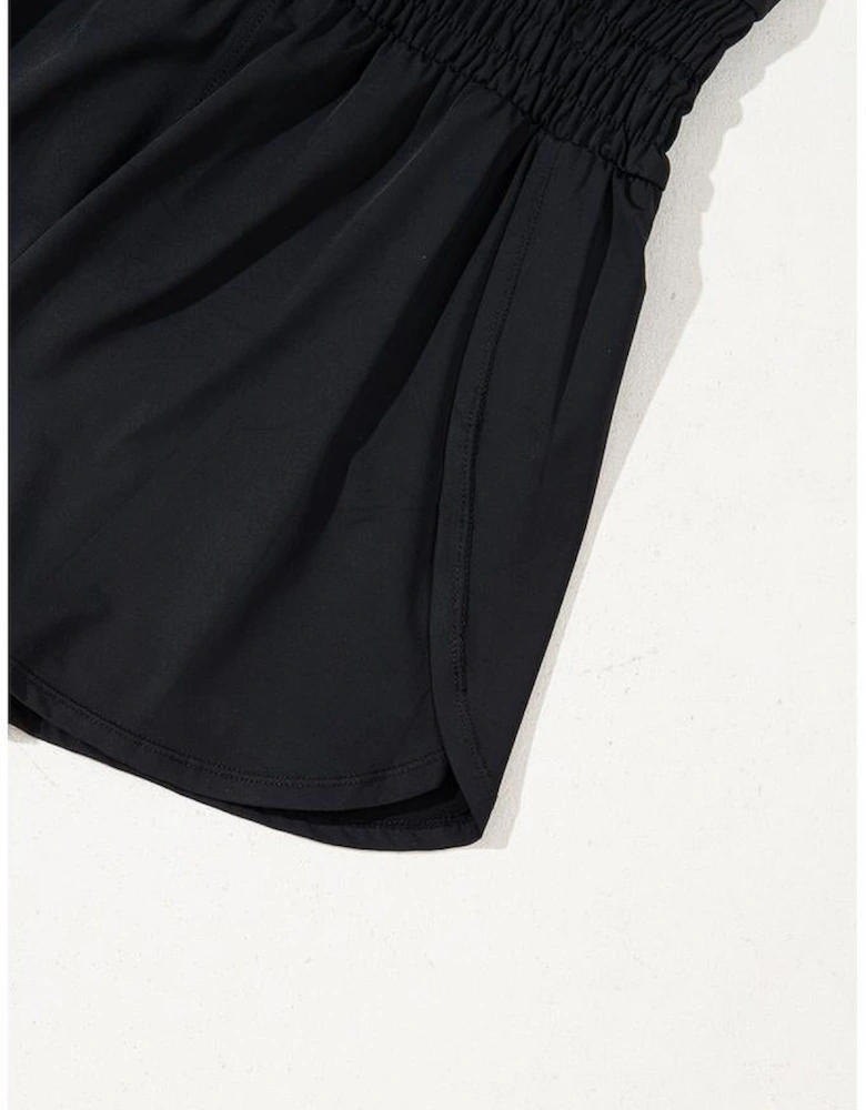 Black Plain Sleeveless Loop Drawstring Cinched Waist Romper