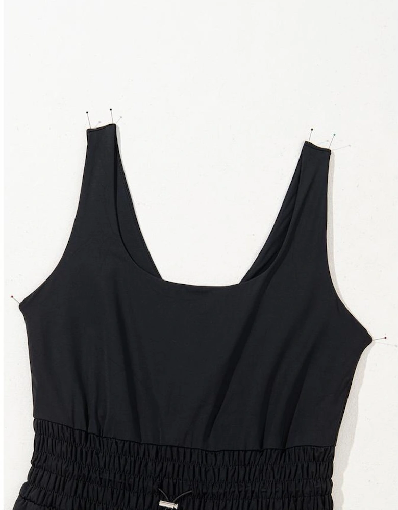 Black Plain Sleeveless Loop Drawstring Cinched Waist Romper