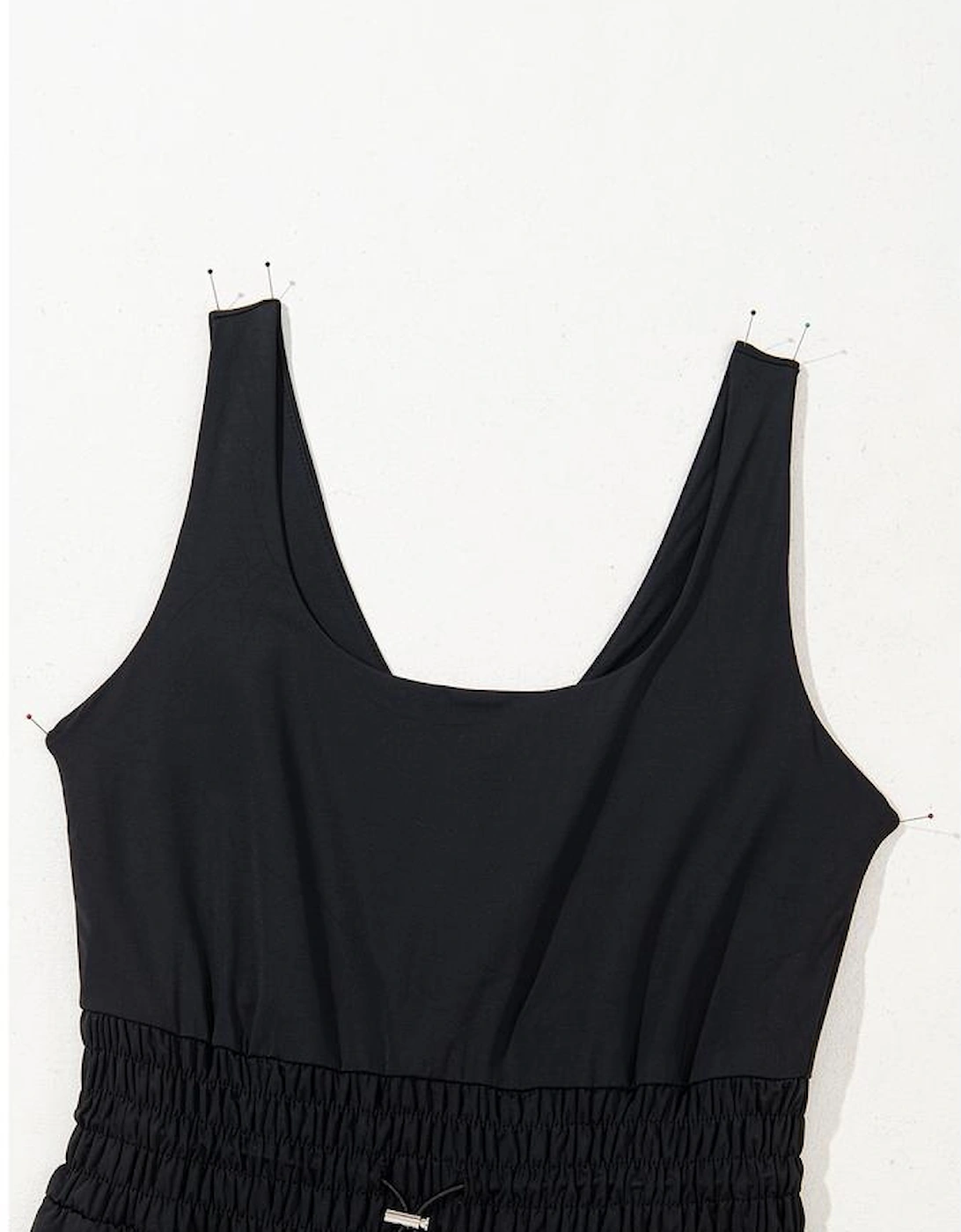 Black Plain Sleeveless Loop Drawstring Cinched Waist Romper