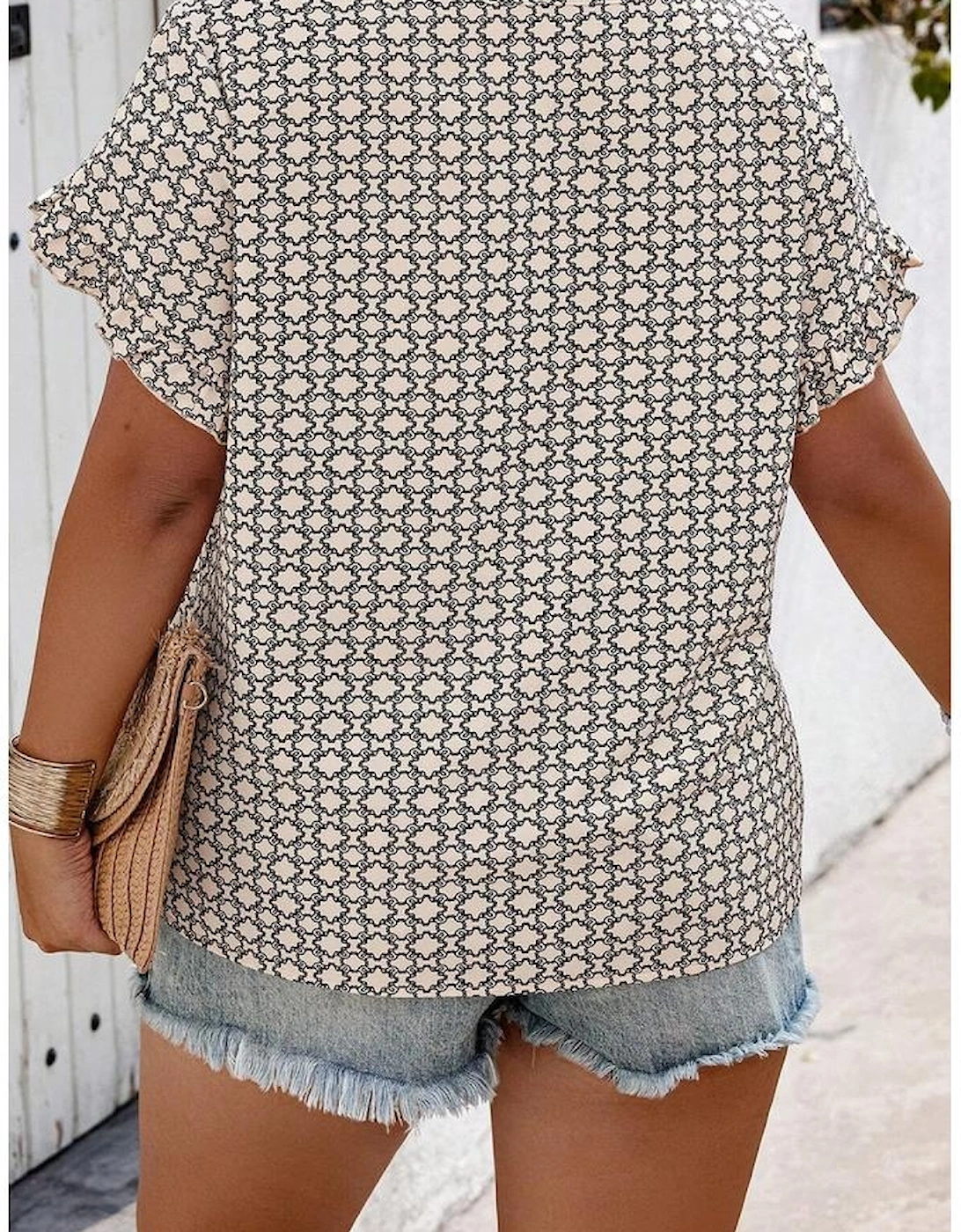 Khaki Plus Size Geometric Print Ruffled Sleeve Blouse, 15 of 14