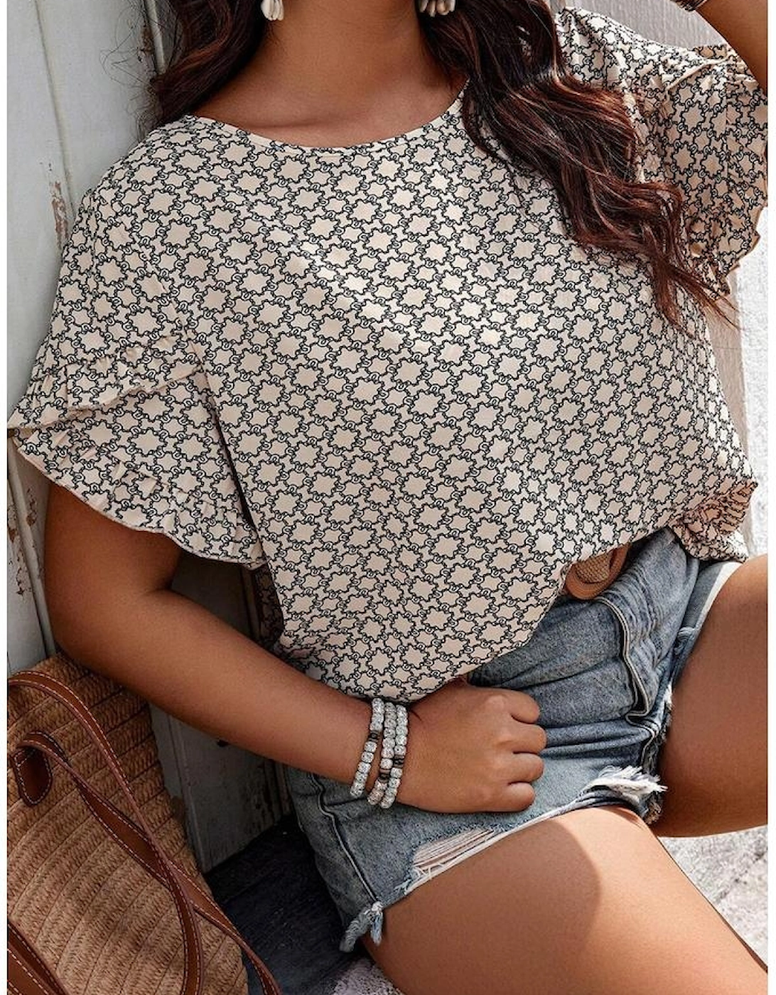 Khaki Plus Size Geometric Print Ruffled Sleeve Blouse