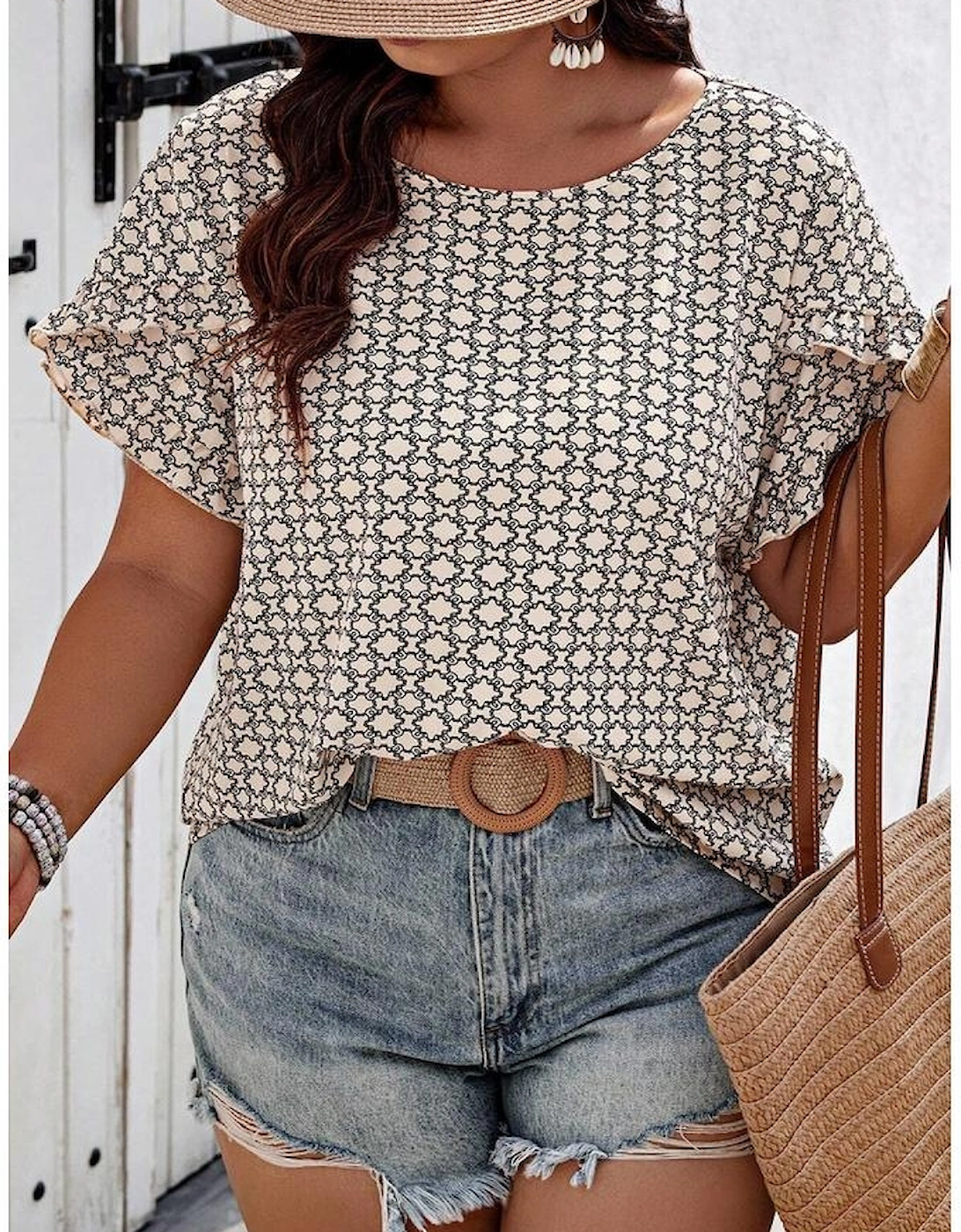 Khaki Plus Size Geometric Print Ruffled Sleeve Blouse